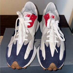 New Balance White and Navy Sneakers with Red Accents